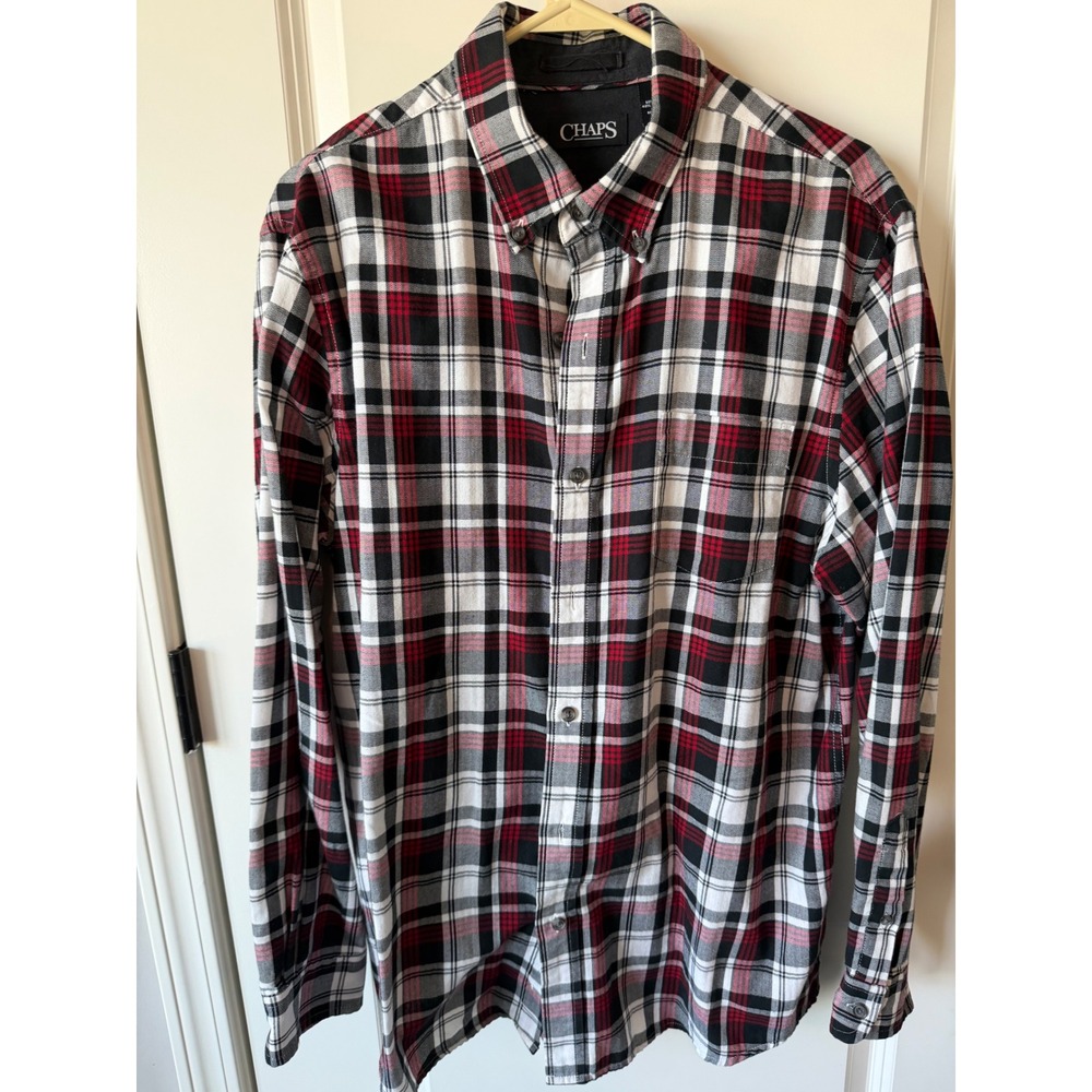 Chaps Mens Large Red Black White Plaid Long Sleeve Button Down Shirt